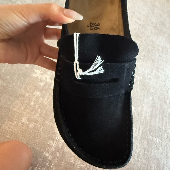 Birkenstock Black Suede Moccasins with White Tassel - Picture 1 of 3